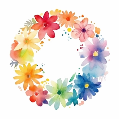 flower border in a circle pattern, one per page, watercolor clipart, minimalist, bright colors, isolated on a white background,