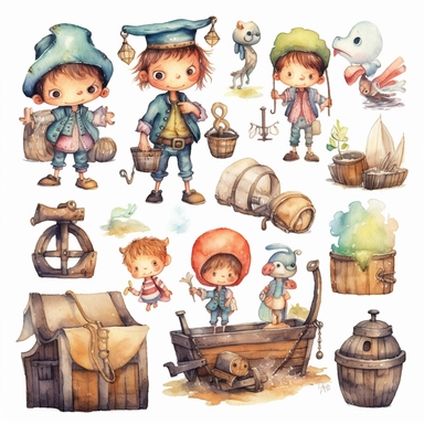 Watercolor pirates cute illustrations clipart set, simple, soft colors, cartoon elements, different variants, cute little pirate boy and girl pirate ship, pirate treasure chest, daggers, swords, pirate glag, skulls, billybones,, wooden elements, loot,, separate elements with a margin