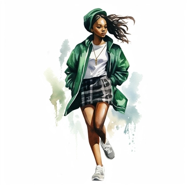 watercolor, black woman dressed up in harry potter slytherin clothing, green and black tennis shoes, style of bijou karman white background, clipart