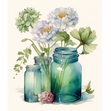 green glass without lid Jars full of flowers ,watercolor, cottage core,peony painted by ann buccarelli,insanely high quality, watercolor , white background, clipart, vintage--q 2