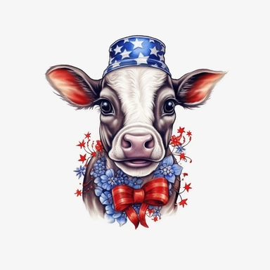 painterly cutie baby dairy cow sublimation clipart, 4th of July theme, intricate detail, illustration style, 4k, high solution, on the white background