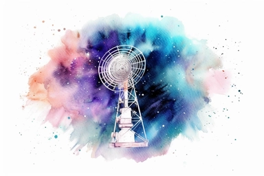 Watercolor, Craft a radio galaxy, emitting powerful radio waves due to active galactic nuclei clipart, hd, on a white background, spaced out