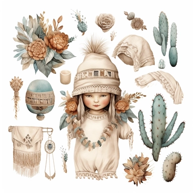 create beautiful clip art layout for boho baby items in high detail, uhd, white background, no shadows, extremely high resolution