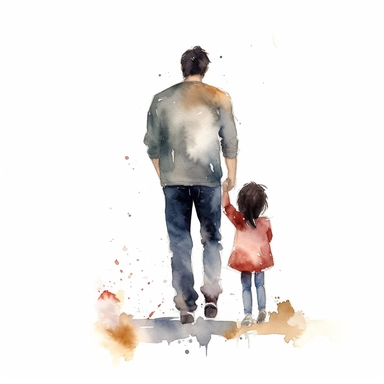 father standing with daughter, facing away from camera, watercolor illustration with plain white background, clipart