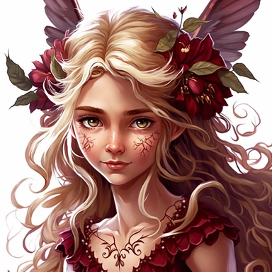 lilly stone, beautiful smiling fairy with large wings, 10 year old girl with long blonde wavy hair, burgundy dress, big eyes, BENTE SCHLICK style illistration, sparklecore, flowers, hyper detailed, white background, mid shot, clipart