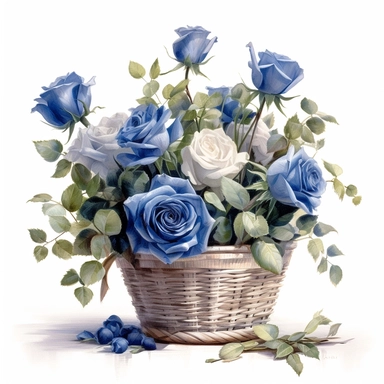 a simple gorgeous basket arrangement with blue rose flowers and greenery on white background clipart, png, watercolor painting realistic, high quality, vibrant, Vicente Romero Redondo, Willem van Aelst, Elsa Beskow