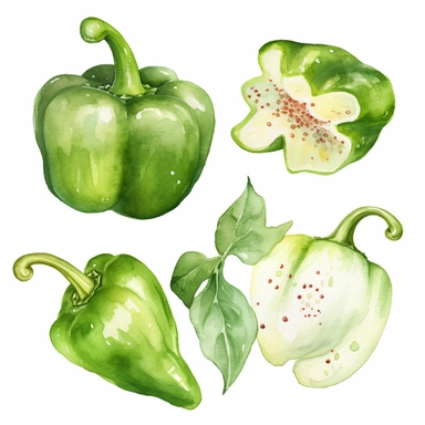 watercolor clipart illustrations on white background, green bell pepper, high quality intricate detailed illustrations delicate pencil texture, dotted texture, muted colors, panasonic lumix s pro 50mm f/ 1. 4, rough clusters, strong use of contrast