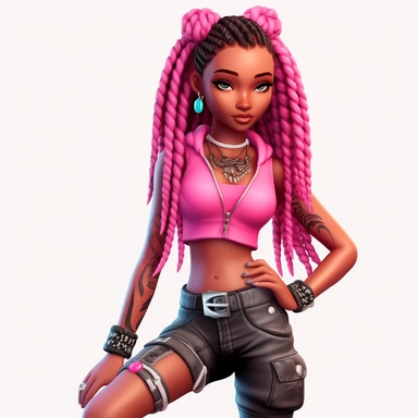 black chibi women incarnate in a 3d pink clothes, Mesmerizing gaze, pink girl dreadlock, american college fashion pink clipart, black magic gir