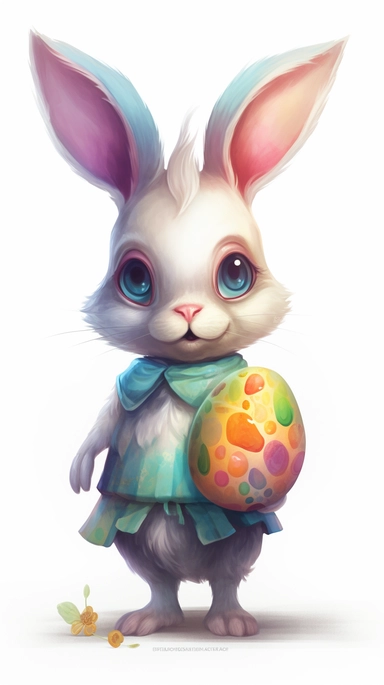 cute easter bunny carrying colorful easter egg , Watercolor Clipart, strybk, full Illustration, 4k, sharp focus, watercolor, smooth soft skin, symmetrical, soft lighting, detailed face, concept art, muted colors, watercolor style, strybk, children's style fairy tales, chibi kawaii, . Octane rendering, 3d. Perfect face, detailed face, delicate face, perfect sharp lips, detailed eyes. Craig Davison, Aubrey Beardsley, Conrad Roset, Aikut Aidogdu, Agnes Cecil, watercolor style, pastel colors,