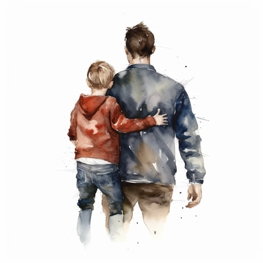 father standing and holding son in his arms, facing away from camera, watercolor illustration with plain white background, clipart