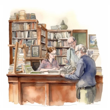 A librarian behind a desk, checking out books to a patron - watercolor illustration with photorealistic high details clipart, white background