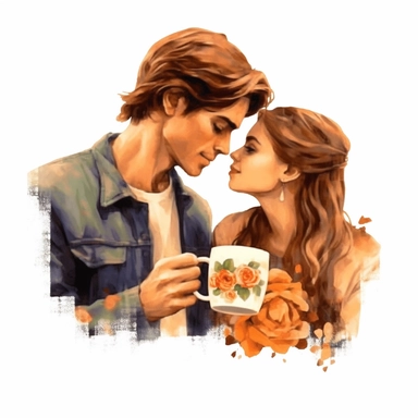 beauty couple drinking coffee, vintage cups, flower digital clipart on white background