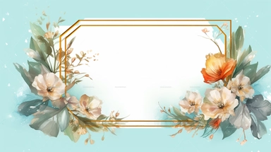 a simple gorgeous aesthetic vintage gold diamond-shape picture frame with minimal flowers border around outside the frame on soft turquoise background clipart, watercolor painting realistic, high quality, vibrant, Vicente Romero Redondo, Willem van Aelst