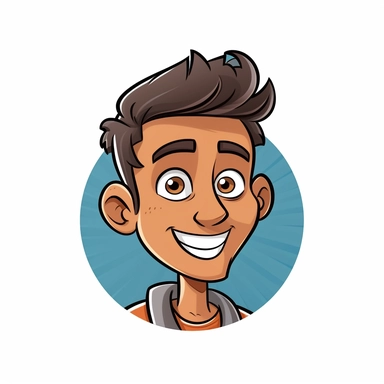 Featured in this logo is a young, Indian-American man's face, charmingly rendered in a cartoonish style that bears resemblance to classic clipart and does not look photorealistic at all. His features are symmetrical and the design relies heavily on smooth, organic shapes. His smile is wide and inviting. The design style is crisp and clean, with the logo utilizing a bold, streamlined aesthetic. Line work is thick and cartoonish. A bold, contrasting color palette enhances the youthful and fresh fe