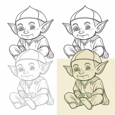 clip art coloring book page for toddler. four different images of an Elf. white background. simple line drawing. very low detail.