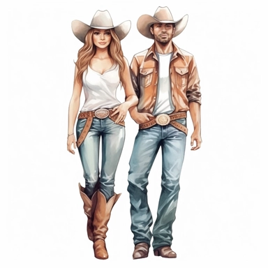 Cute Beautiful Couple Cowgirl Sublimation Clipart,Cartoon,hyper realistic, intricate detail, illustration style,high solution , on the white background