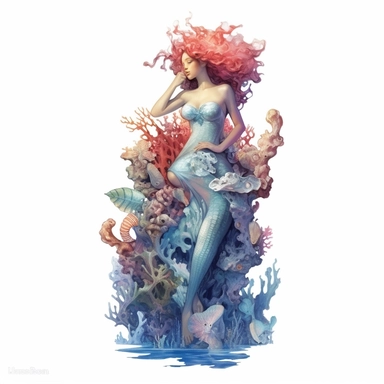 beautiful rich sea mermaid on corals full body with mermaid fish tale, sea stars, sea shells, super high quality, high resolution, oil painting clipart, natural colors, isolated white background, 8k
