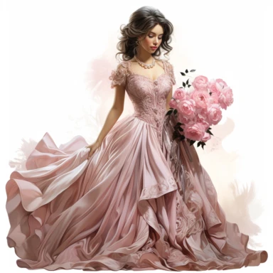 Victorian lady, soft pink gown, full-body length, sophistication, grace, smile, clipart, white background, intricate detail