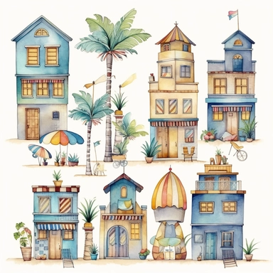 Very cute little houses, whimsical, beach scenery, bohemian style, blue sea and sand, boho style, sun beds, umbrellas, colorful stripes, palm trees, sea shore, 9 High Clipart, cute design in Michael Powell style, Watercolor Art, white background