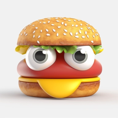 cute hamburger character. hamburger, cheeseburger, cartoon, eye, illustration, funny, character, fast food, food, unhealthy, cute, face, fun, goofy, three-dimensional , Clipart, white isolated background, space out, hd, 8k, realistic