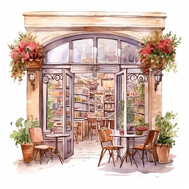 ultra realistic commercial shot of watercolor illustration style of cute french cafe interior with open doors clipart, floral glowing plants clipart, delicious pastry, illustration style, 8k trending in etsy, super bright vivid, svg, white background, art nouveau art style, ink contour