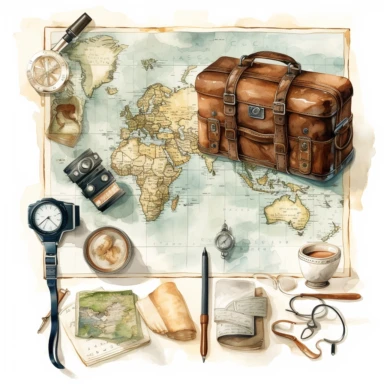watercolour, travel theme, map, journal, soft and muted nuances, high quality detail, clipart, 8k, f1