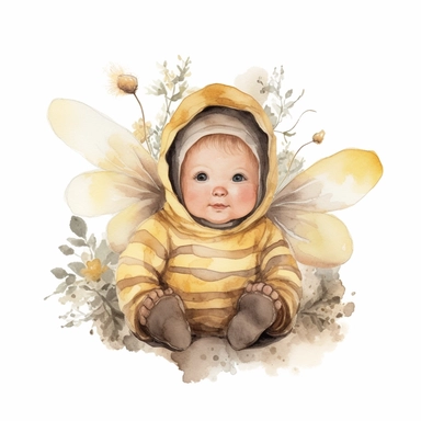 a harmonious baby bundle bee clipart with watercolor illustration,full body shot,8k,etsy style, white background