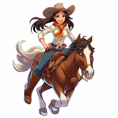 a beautiful smiling anime girl, dressed as a western cowgirl, riding a horse, full body image, pixar style, clipart
