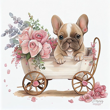 Cute french bulldog Puppy valentine, heart wagon, blush tones, Lilla Rogers agency, watercolor, roses, cupid, fairytale, folkart, clipart, white background