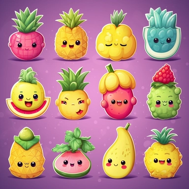 Two Dimensional, pastel cartoon pineapple, dragon fruit, watermelon, lemon in the same style, with cute faces, each in their own solo frame clipart