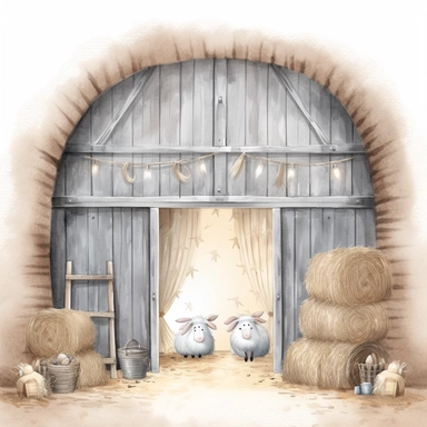 A watercolor painting inside a cute old open barn with hay and straw the doors are open in Bethlehem, Christmas, cute detailed digital art, inspired by nicoletta ceccoli, by Kubisi art, whimsical and cute, by nicoletta ceccoli, cute detailed artwork, glimmering, adorable and whimsical, whimsical art, Clipart style, png style, svg style, blank white background, a solid white background