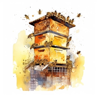 watercolor, A close-up view of a modern Langstroth hive, showcasing its modular design and bees entering or exiting through the hive's entrances. (Digital drawing clipart, image black border color, full body, flat texture, transparent background)