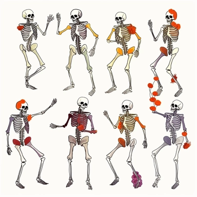 collection halloween dancing skeleton wiht flowers, clipart, white background