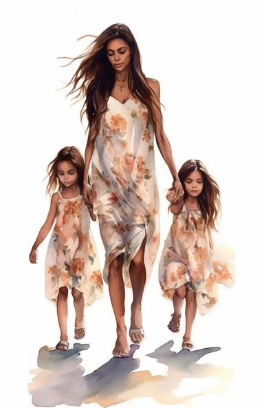 DESIGN A MAGNIFICENT AND EXQUISITE BREATHTAKING ONE-OF-A-KIND HIGH QUALITY HIGHLY DETAILED MASTERPIECE WATERCOLOR CLIPART ILLUSTRATION OF A STUNNING LATINA woman walks with two little children holding back the man's hands, in the style of realistic hyper-detailed portraits, fashion illustrations, ashcan school, aquarellist, anime art, beautiful women, warm tones, ULTRA REALISTIC, WHITE BACKGROUND