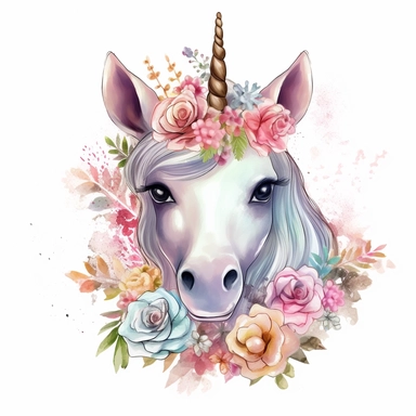 Gentle baby unicorn with a floral crown and a peaceful demeanor clipart