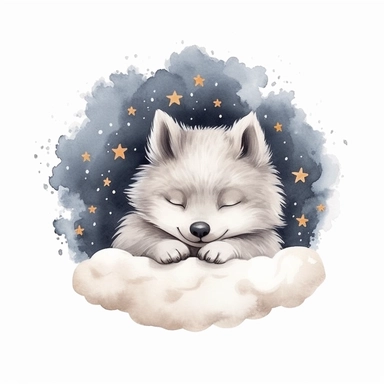 Cute wolf illustration, realistic adorable wolf sleeping on a soft moon surrounded by stars, sleepy happy clipart, nursery style clipart, Nursery Animals Art, Kids Wall Art, Kids Room Decor, Baby Room Decor, isolated on white, ultra - detailed, high quality, ghibli style, award winning