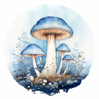 mushroom motif , Magic Mushrooms, Watercolour Mystical Mushrooms Clipart, lacey, framed with sky, fantasy branch and twig frame, pastel blue, woods framing, under the sky dome, Fantasy, watercolor illustration, aquarellist, white background, clipart