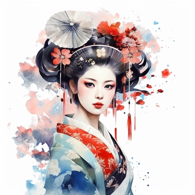 watercolor, white background, clipart, watercolor, white background, ultra-realistic and hyper-detailed clipart, 2d animation style, very beautiful confident Elegant geisha with a decorative hair ornament (kanzashi)
