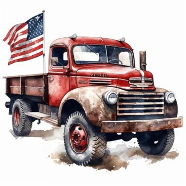 Watercolor realistic detailed old school truck carry american flag clipart, white background, no text