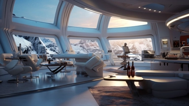 movie clip scene , shimmering lights and shadows over living room studio library and kitchen open concept photographic high definition render, cold blinding shinny white winter light god rays shadows shimmering closeup detail concept art detailed painting with giant spaceship window of a cool industrial living quarters spaceship , huge over window with gorgeous galactic view, happy blade runner android, cool airvehicle cockpit, living bedroom office, droid parts in shinny clothes sitting on a fr