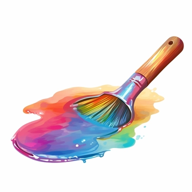 an artists paintbrush with a tapered tip, wooden handle, above a rainbow coloured puddle of water, layered translucency, soft edged, clipart, watercolour style ,
