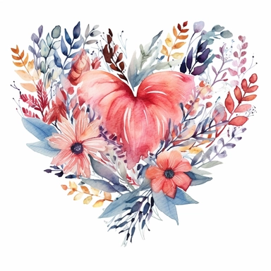 floral heart clip art, watercolor,clear background, white background