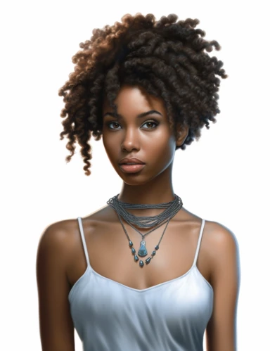 hasselblad 24 mm full body shot of a gorgeous african american woman with blue eyes, clipart, Composition: Relaxed position with intricate high hairstyle, smiling, detailed natural skin, Style: Nu-Goth, white background, hyperrealism, 32k