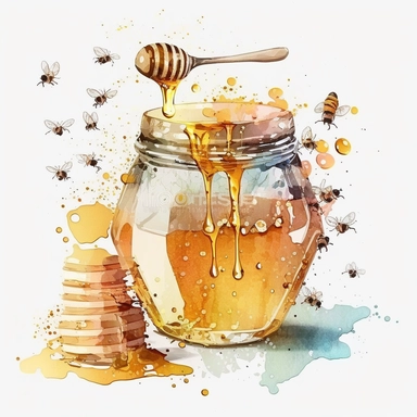 whimsical watercolour bee hive, bees, glass jar of honey, honey spoon, honey drips clip art