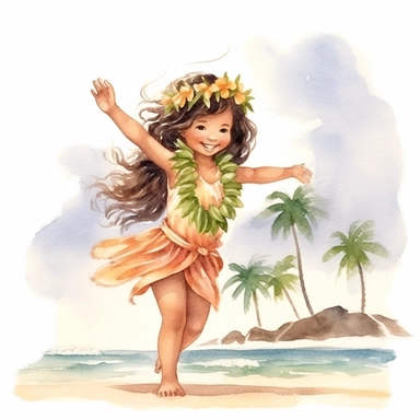 watercolour, beautiful soft colours, tropical island setting, showcase an adorable little Hawaiian girl doing the hula on the beach with her family, she feeling is happy, celebration, they are all wearing flowers in their hair, beautiful clipart style