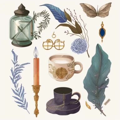 glasses, key, feather, candle, teapot, leaf, butterfly, teacup, white sage smudging stick, old ring, perfume clipart