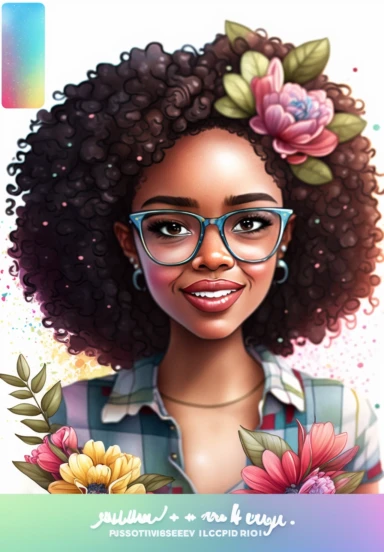 2d watercolor clipart kawaii, spring, april, character of beautiful african american woman smiling, Intricately rendered dark Skinned woman, full body portrait, intricately rendered, 8k, short thick curls brown hair, sparkles, generously detailed, hyper realistic, digital, long rainbow eye lashes, beautiful retro comic urban chick, nerdy, glasses, 8k,