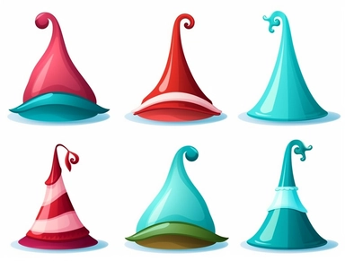 christmas cliparts christmas hats, in the style of distinctive noses, eccentric props, asymmetrical shapes, light crimson and green, exaggerated features, fawncore, sky-blue and crimson