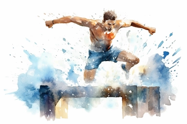 Watercolor, Craft a scene of a swimmer diving off a starting block into crystal clear water clipart, hd, on a white background, spaced out