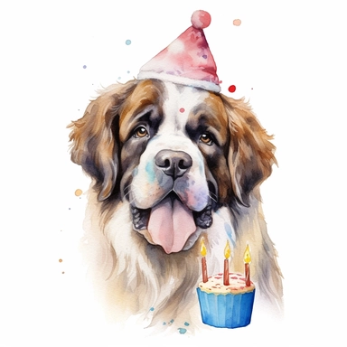 watercolor, clip art, a Saint Bernard wearing a party hat and eating cake, birthday, happy face, isolated on a white background